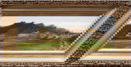 Antique Panoramic French Impressionist Framed 19th Century Landscape Oil Painting