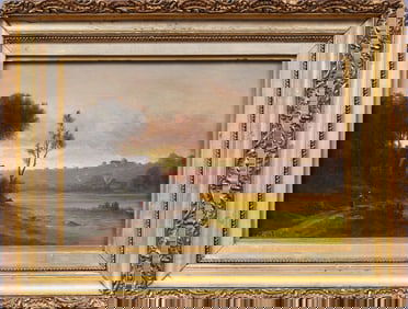 Signed 19th Century Luminous European Framed Farm Landscape Sunset Oil Painting
