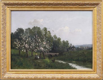 Finely Painted Antique French Impressionist Cherry Blossom Goat Grazing Landscape Oil Painting
