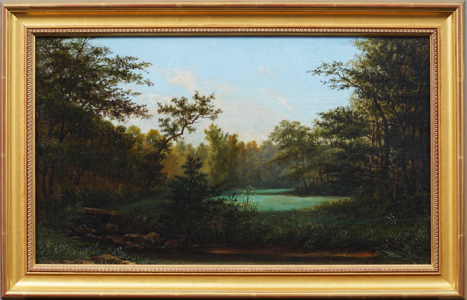 Antique European Sunlit Landscape 19th Century Impressionist Framed Oil Painting: Antique European landscape oil painting. Oil on board. Framed. Measuring 12.5 by 20 inches overall and 10 by 17 painting alone. Please see all images for condition. Size is measured and written on the