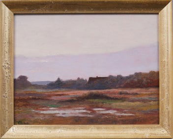 Antique French Impressionist Signed Sunset Landscape Framed Oil Painting