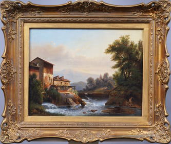 Large Antique Monogrammed European Mill Landscape Framed Signed Oil Painting