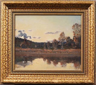Antique European Impressionist Signed Sunset Landscape Framed Oil Painting