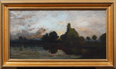 Incredible 19th Century Antique Luminous Landscape Framed Egret Fishing Original River Oil Painting