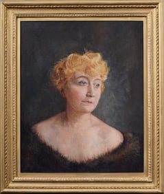 Antique Red Haired Monogrammed Early 1900s Young Parisian Woman Framed Portrait Oil Painting