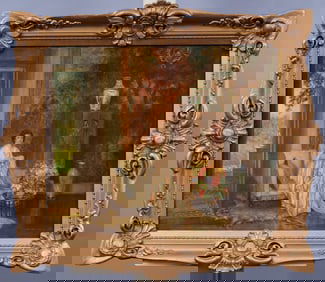 Stephen Reid (1873-1948) Antique Elegant Signed English Palace Interior Scene Portrait Painting