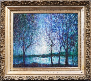 Stunning Signed 1919 Antique American Impressionist Nocturnal Luminous River Landscape Oil Painting