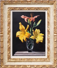 Vintage American Trompe L'Oeil Masterful Still Life Flower Oil Painting Heydenryk Frame