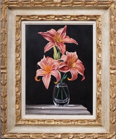 Vintage American Trompe L'Oeil Masterful Still Life Flower Oil Painting Heydenryk Frame