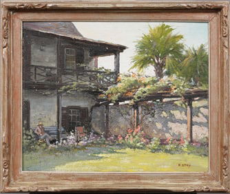 Eric Stry 1901-1975 Old Florida Antique American Impressionist Palm Tree Flower Garden Oil Painting