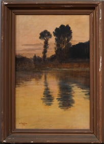 Signed 1899 Sunset Lake Landscape Nicely Framed Antique Impressionist Original Oil Painting