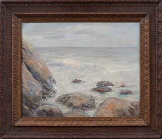 Superb Boston School Large Framed Coastal Impressionist Crashing Surf Signed Seascape Oil Painting