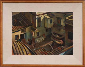 Signed Incredible European Modernist Courtyard Landscape Framed Large Original Oil Painting