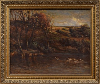 William Charles Rushton (1860 - 1921) Signed Impressionist Duck Swimming Lake Landscape Oil Painting