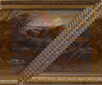 William Charles Rushton (1860 - 1921) Signed Impressionist Duck Swimming Lake Landscape Oil Painting (1 of 7)