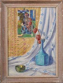 Framed Modernist Flower Still Life Interior View Signed Antique American Original Oil Painting