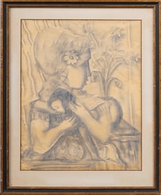 Signed Illegibly and Framed Art Deco Young Girl Portrait Original Charcoal Drawing American School