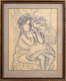 Antique American School Signed Cubist Art Deco Portrait Drawing Framed Original Modern