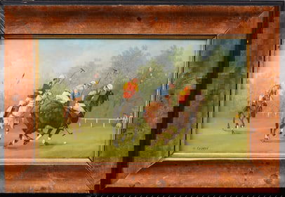 Antique American Impressionist Polo Match Horse Portrait Signed Landscape Original Oil Painting