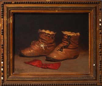 Frederick Finck 19th Century Antique American Original Rare Shoe Still Life Framed Oil Painting