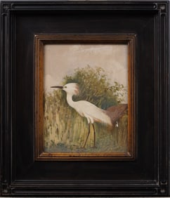 Antique American School 19th Century Nature Study Snowy Heron Original Painting Audubon School