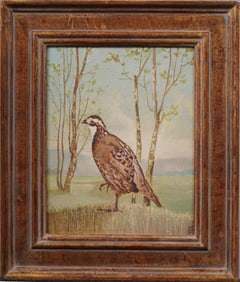 Antique American 19th Century Landscape and Bob White Bird Portrait Framed Oil Painting