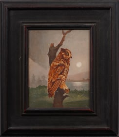19th Century American School Moonlit Nocturnal Landscape and Owl Portrait Framed Painting