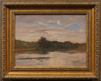Antique French Impressionist Signed Barbizon School River Landscape Framed Oil Painting