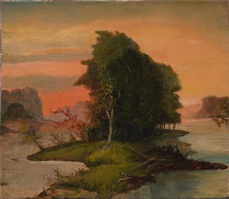 Antique American Hudson River School Sunset Landscape Original Oil Painting