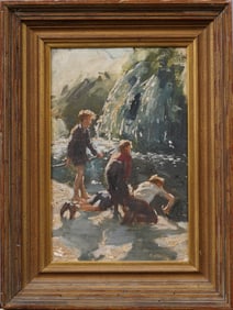 Museum Quality Antique American Impressionist Boys Fishing Original Framed Oil Painting