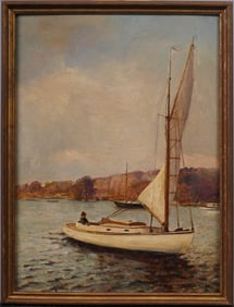 Early 1900s Antique American Impressionist Long Island Sailboat Seascape Framed Oil Painting