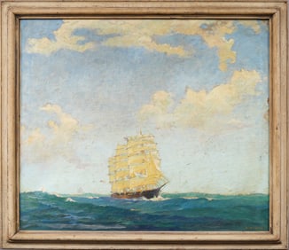 Large Antique American Impressionist Signed Sailboat Seascape Ocean View Framed Oil Painting