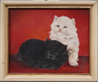 Antique American Folk Art Cat Portrait Framed 19th Century Original Oil Painting