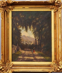 Antique American Monogrammed Hudson River School Mountain Vista Framed Original Oil Painting