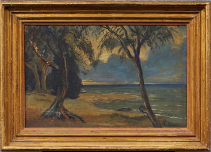 Louis Michel Eilshemius (1864-1941) Antique American Modernist Sunset Beach Landscape Oil Painting: Antique American modernist beach scene oil painting by Louis Michel Eilshemius (1864 - 1941). Oil on board. Signed. Framed. Measuring 20 by 28 inches overall and 14 by 22 painting alone. Please see al