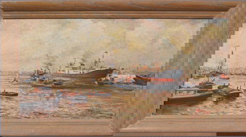 Antique American School Signed Bustling Harbor Seascape Framed Original Oil Painting