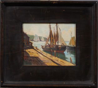 Antique American Impressionist Rockport or Gloucester Harbor Framed Seascape Oil Painting