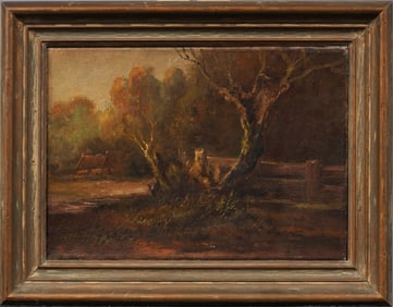 Antique American Tonalist Sunset Landscape Framed Original Oil Painting