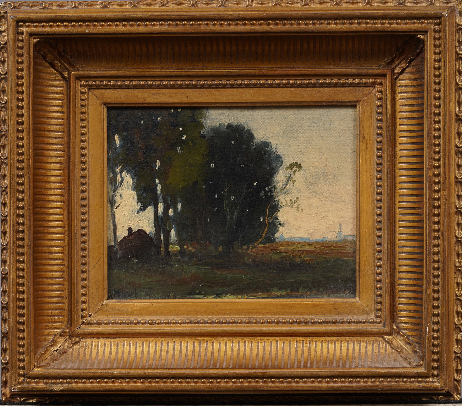 Antique European Signed Landscape Giltwood Framed Barbizon School Oil Painting: Antique American oil painting. Oil on canvas. Signed. Framed. Measuring 11 by 13 inches and 7 by 8.5 painting alone. Please see all images for condition. Size is measured and written on the back of th