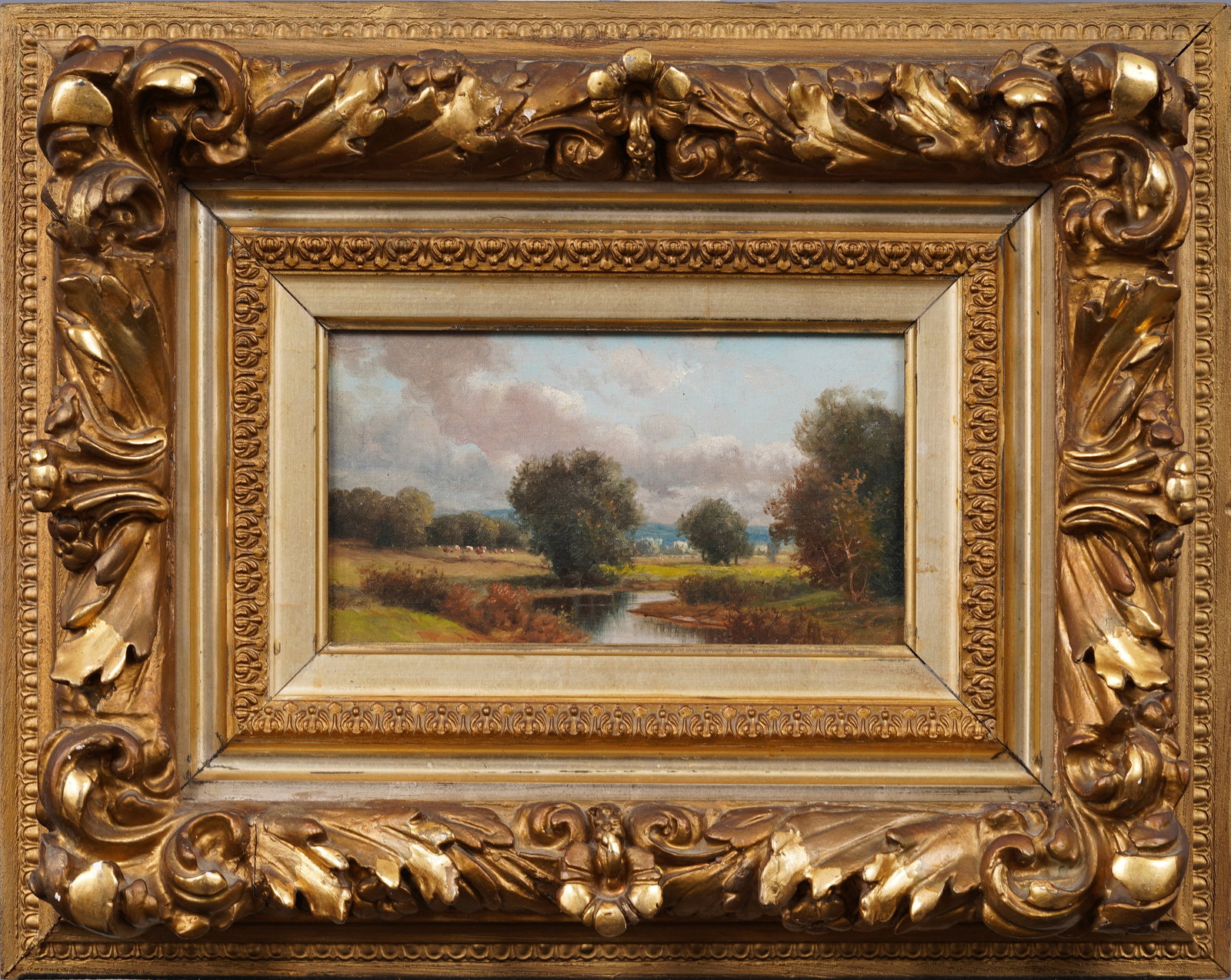 Antique American Hudson River School Panoramic Landscape Framed Oil Painting ATTR Levi Prentice: Antique American Hudson River School landscape oil painting attributed to Levi Wells Prentice (1851 - 1935). Oil on canvas. Unsigned. Framed. Measuring 14 by 19 inches overall and 5 by 9 painting alon