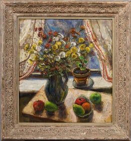 Samuel Brecher (1897-1982) Antique American Modernist Flower Still Life Framed Original Oil Painting