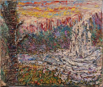 Antique American Thick Impasto Modernist Abstract Landscape Original Oil Painting