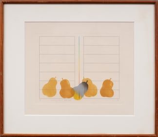 Signed Japanese Framed Pear Fruit Still Life Modern Abstract Vintage Print