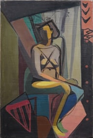 Antique American Modernist Nude Woman Portrait Cubist Abstract Original Oil Painting