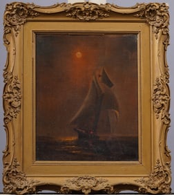 Antique American School 19th Century Moonlit Seascape Sailing Scene Framed Original Oil Painting