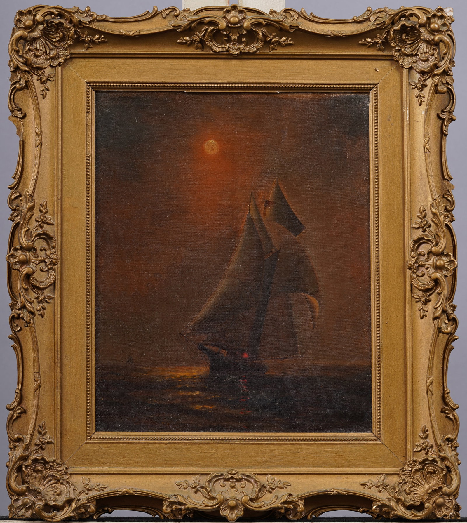 Antique American School 19th Century Moonlit Seascape Sailing Scene Framed Original Oil Painting (1 of 5)