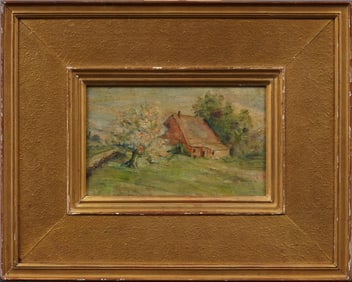 Antique American Cherry Blossom Impressionist Landscape Wide Gold Frame Original Oil Painting