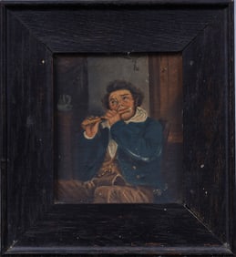 Antique Old Master Male Portrait on Tin Framed Musical Interior View Oil Painting