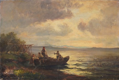 Antique European Impressionist Coastal Sunset Fishing Village Seascape Signed Oil Painting