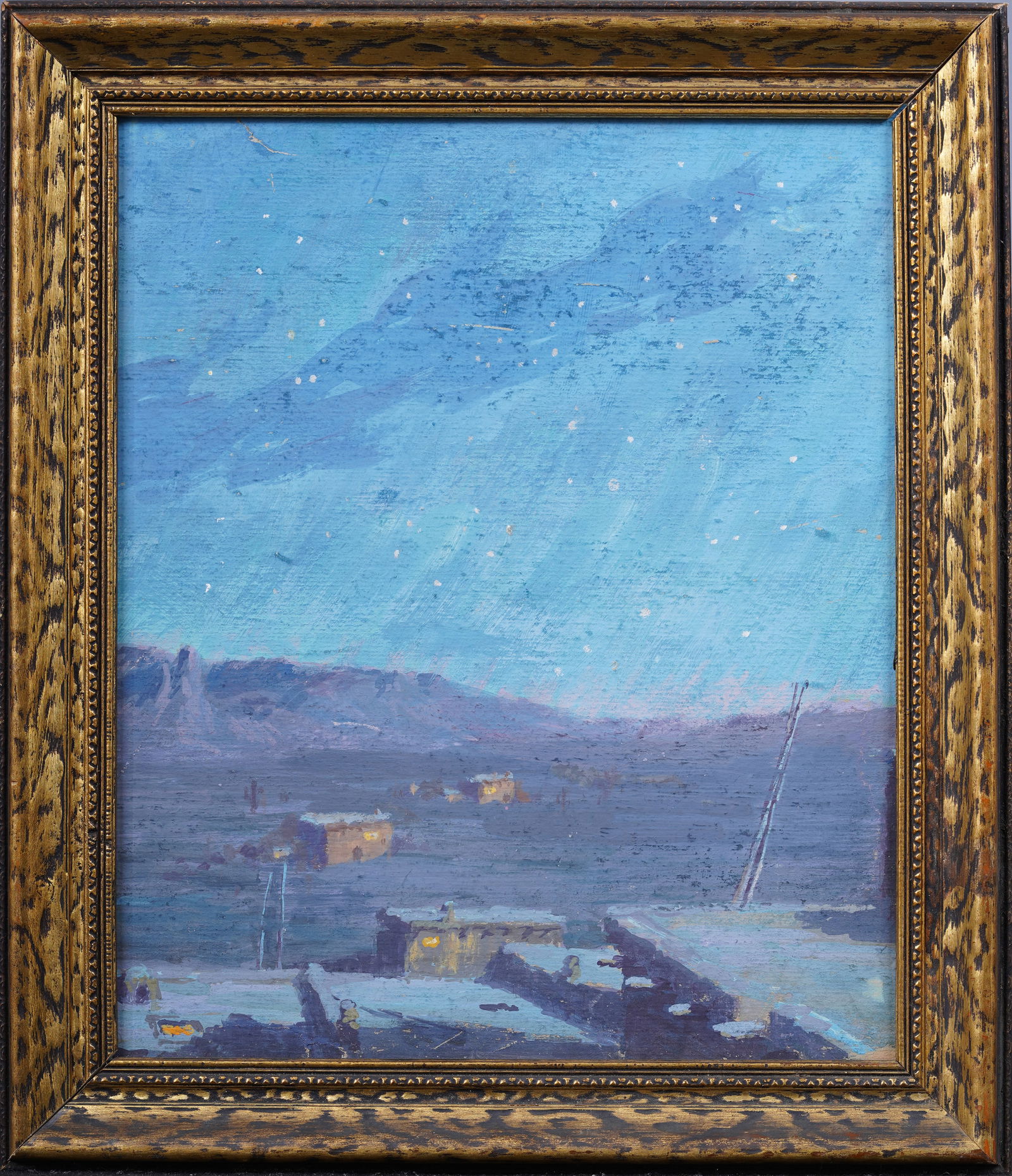 Frank Reed Whiteside (1866 - 1929) Important Starlit Night Nocturnal Taos Western Landscape Paintin: Antique American impressionist Taos school landscape oil painting by Frank Reed Whiteside (1866 - 1929). Oil on board. Estate stamp verso. Framed. Measuring 13 by 15 inches overall and 10 by 12 painti